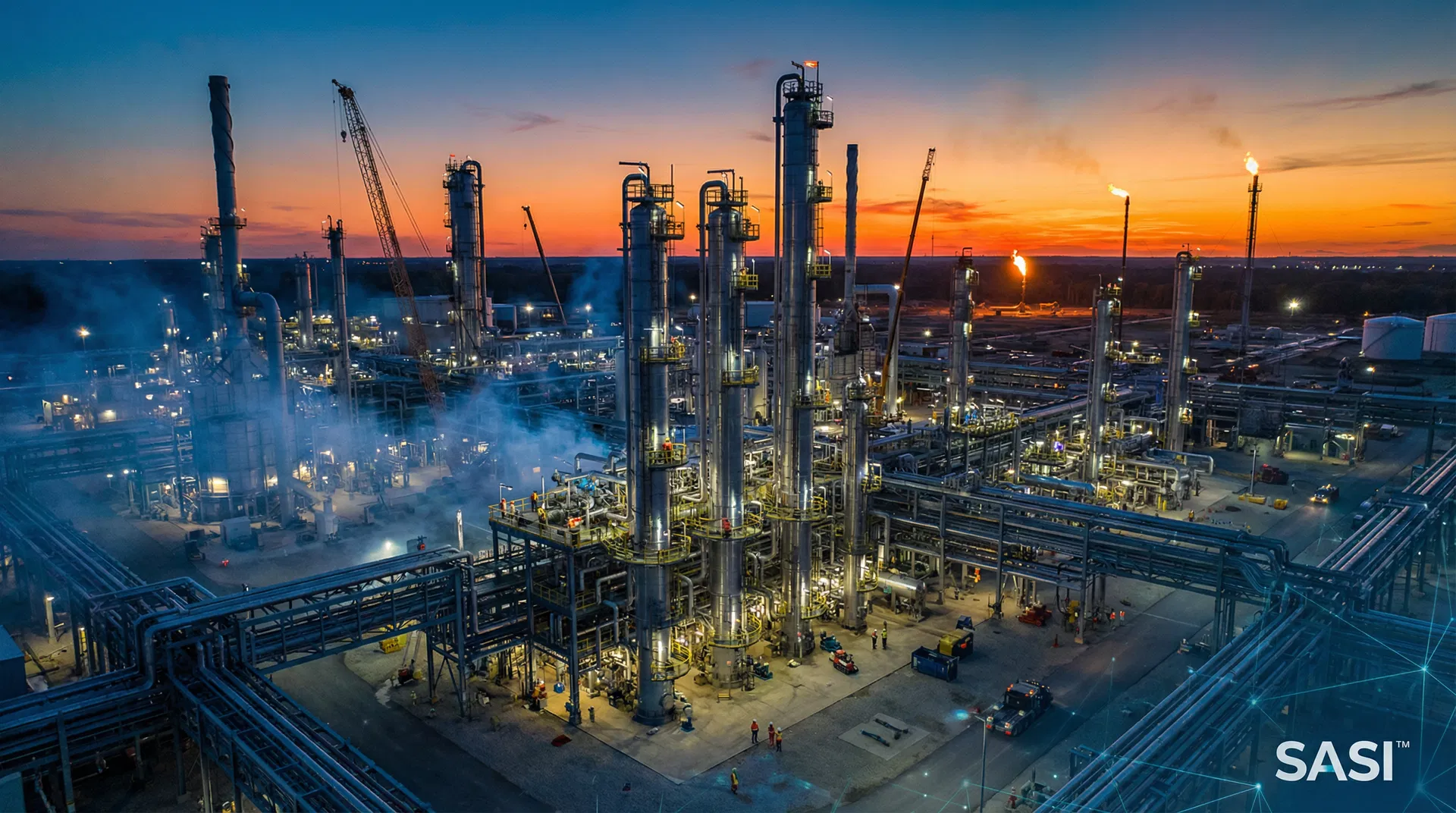 Industrial process facility at dusk